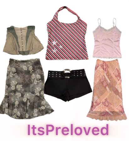 Millennial-Klassiker Y2K Koordinationssets: Röcke, Tops und Denim-Shorts. (RX-748)