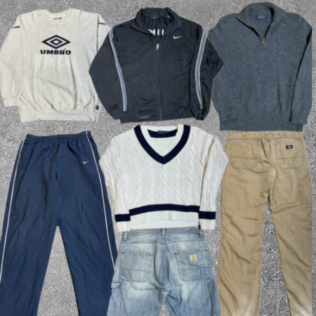 Boîte de revendeur Vinted/Depop 20 pièces incluant des vêtements en maille Polo Ralph Lauren, des jeans et jorts Carhartt et Dickies, des articles mix de Nike et Adidas, etc.