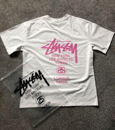 Stussy Rework Style Tour du Monde T-shirts Blancs Titre Rose 20 pcs