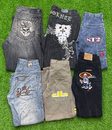 Hiphop jeans and shorts wiyj JNCO,ED Hardy ,Ecko,fubu,Coogi and other brands  32 pieces