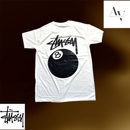 Stussy rework style white 8 ball t shirts