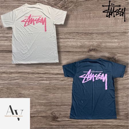 Stussy rework style pink pigment White and black tee