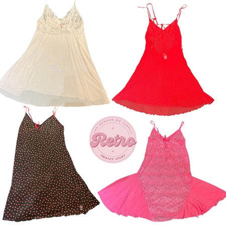 Y2K Slip Dresses – Ivory Sheer, Cherry Red, Pink Swirl, and Black Hearts Edition