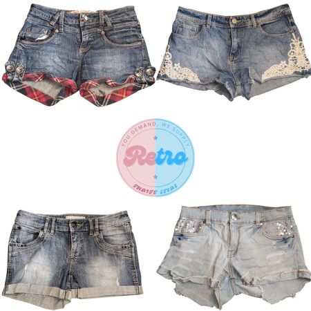 Y2K Vintage Denim Mini-Micro Shorts Bundle – Lace, Plaid, Distressed & Studded Styles