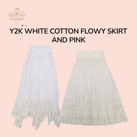 Y2K White Tried Flowy Cotton Skirts and pink Skirts