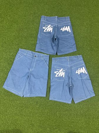 rework style stussy sky blue denim shorts