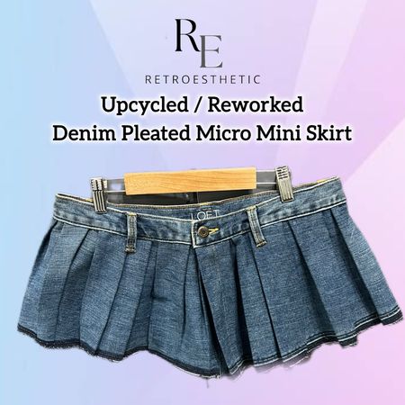 Upcycled Y2K Denim Ultra Micro Mini Pleated Skirts (REP)