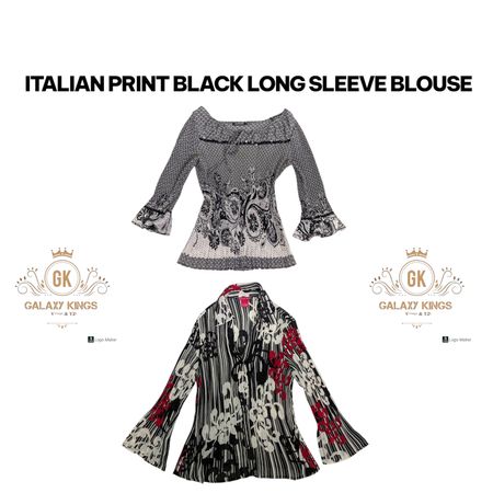 Italian Print Black Long Sleeve Blouses