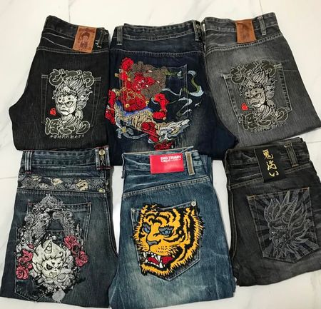 Japanese embroidery tattoo jeans
