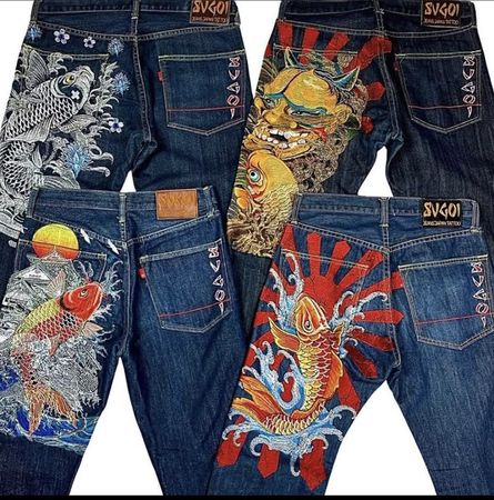Japanese Embroidery Tattoo Jeans