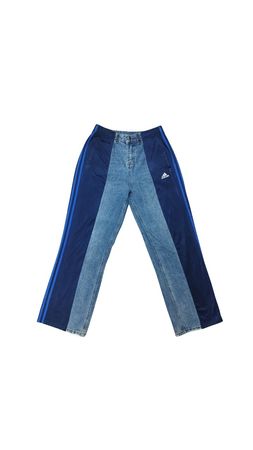 The upcycled denim and track pants