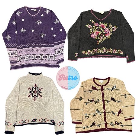 Ensemble de pulls en tricot vintage Y2K – pulls et cardigans rétro brodés de fleurs, flocons de neige et oiseaux
