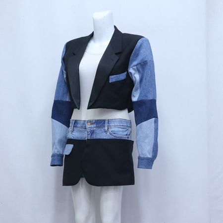CR600  Upcycled Denim Fusion Set – Cropped Blazer & Mini Skirt
