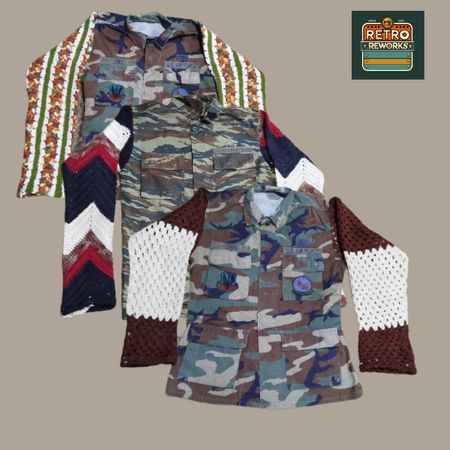 SS25 Upcycled Camo Jacket with Crochet Sleeves