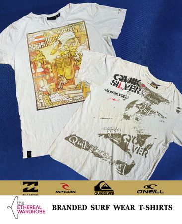 Camisetas impressas marca de roupas de surf incluindo QuikSilver, BillaBong, O'Neill e RipCurl
