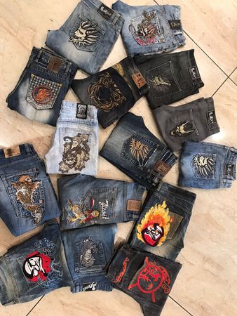 Hip hop baggy embroidery mix branded and unbranded jeans.