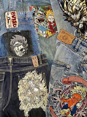 Hip hop baggy embroidery mix branded and unbranded jeans.