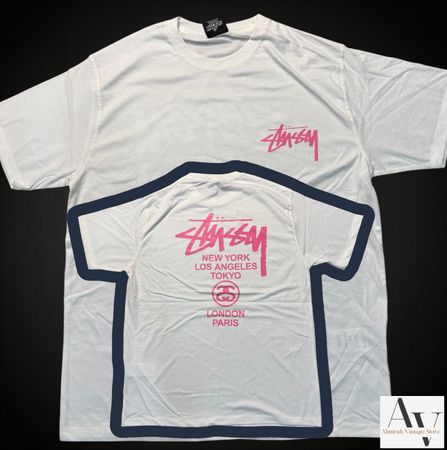 Stussy rework style world tour pink white tee