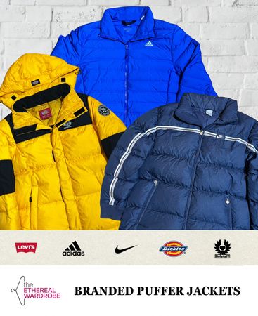 ミックスブランドのパファージャケット、ビンテージのNike、Dickies、Adidas、Belstaff、Levi'sを含む