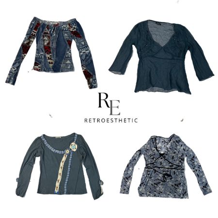 Y2k Ocean Blue Long Sleeves Mesh Tops RE-2373