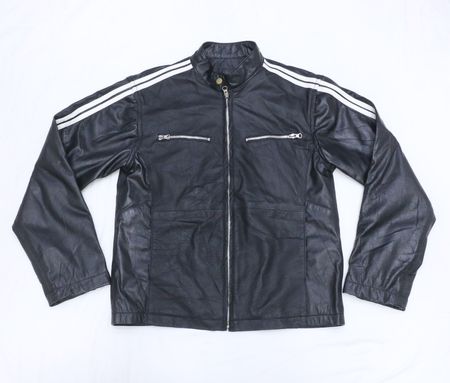 CR693 Upcycled  Classic Black Leather Racer Jacket with Dual White Stripes