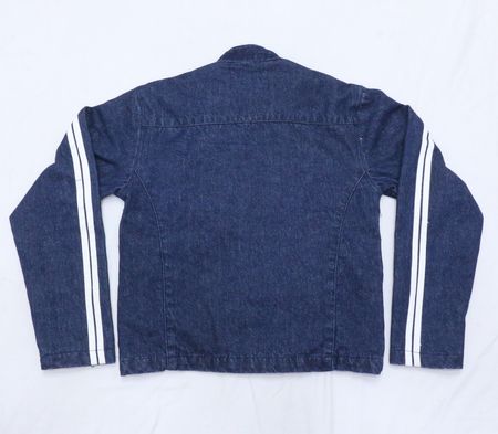 CR694 Upcycled Men’s Blue Denim Racer Jacket with Dual White Shoulder Stripes