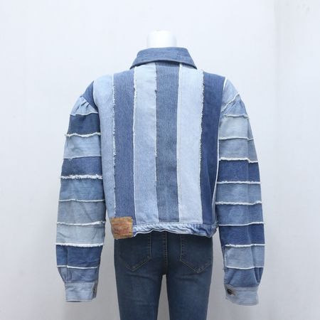 CR704 Upcycled Striped Denim Patchwork Cropped Jacket