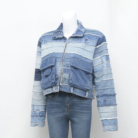 CR705 Upcycled Horizontal Denim Patchwork Cropped Jacket