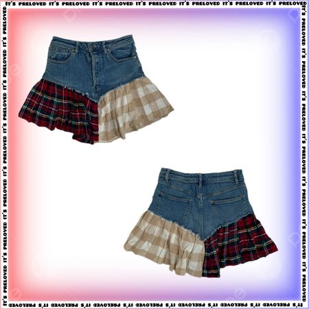 Mini gonna a pieghe in denim e flanella Y2K style riciclata