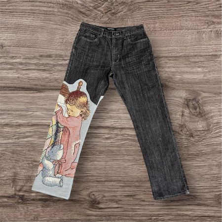Fs-07 Upcycled denim pant with tapestry patch