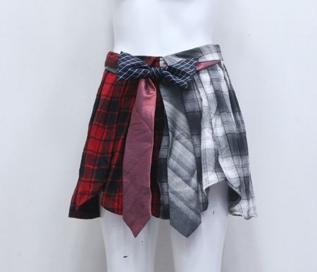 CR743 Patchwork Plaid & Tie Upcycled Skirt