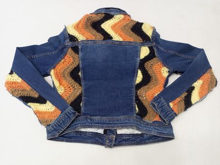 CR877 Upcycled Poncho Panel Short Body Denim Jacket