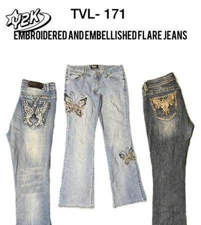Y2K Embroidered/Embellished Denim Flare Jeans (TVL-171)