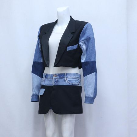 CR999 Upcycled Denim Fusion Set – Cropped Blazer & Mini Skirt