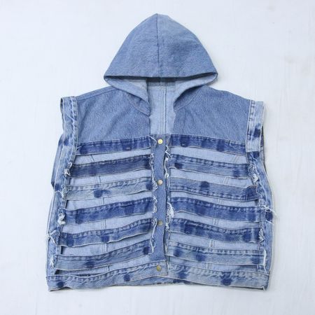 CR1006 Upcycled Strap-Cut Denim Hooded Vest
