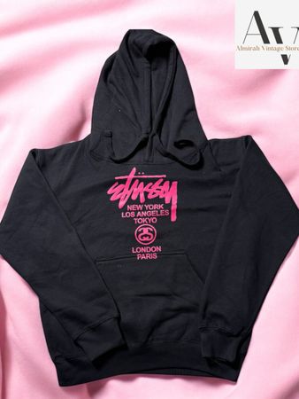 Stussy rework style world tours pink graphic hoodies