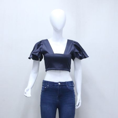 CR1026 Upcycled Satin Ruffle-Sleeve Crop Top