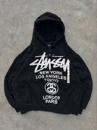 Stussy rework style black ss design pullover hoodie