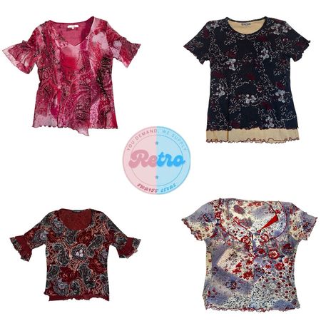 Y2K Sheer Printed Mesh Top Soft fit with retro floral vibes (R)