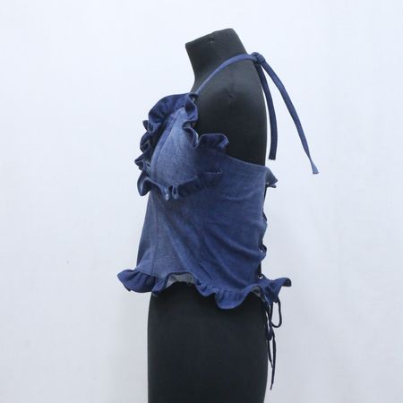 CR1044  Upcycled Denim Ruffle Halter Top