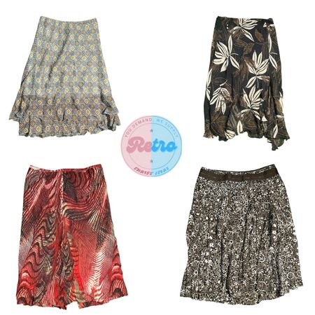 ヴィンテージフローラルプリントミディスカート（女性用）– 柔らかく流れるような生地でレトロボヘミアンスタイル (E)