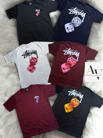 Fuzzy dice Stussy t shirts in rework style