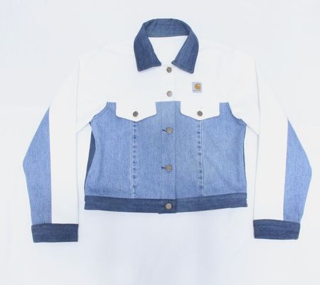 CR1058  Upcycled Two-Tone Denim Cropped Jacket