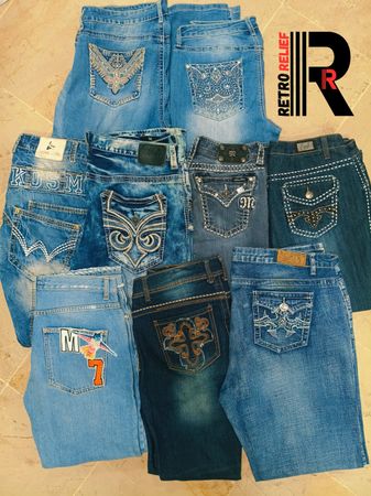 Mixed jeans embellishment and embroidery jeans