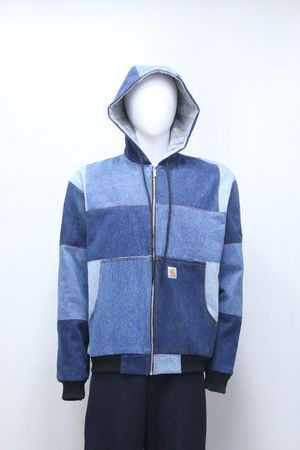 CR1060 Upcycled Patchwork Denim Hooded Zip Jacket