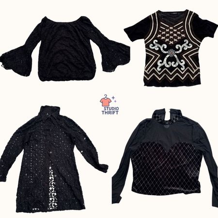 Y2K Goth Mesh Top Bundle | Black Sheer Lace Sequin Alternative 00s Vintage(MT-002)