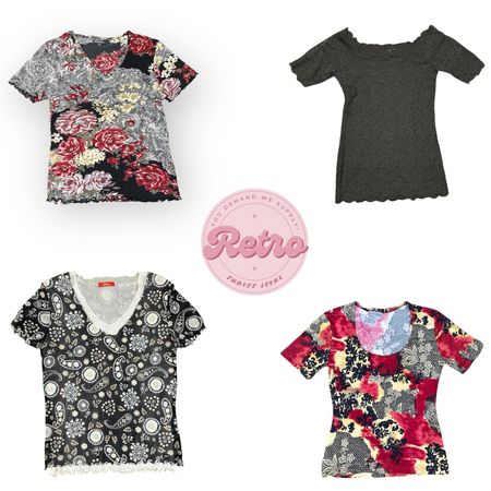 ヴィンテージ ブラック フローラル ローズ プリント Vネック ショートスリーブ レトロ スタイル トップ レディース (E)