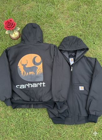 Carhartt rework style black orange printed hooded jackets