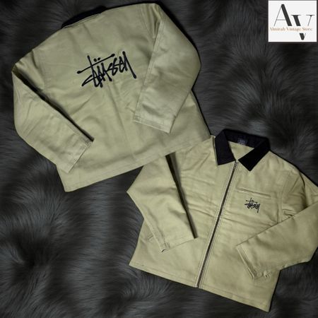Stussy rework style beige detriot embroidery jacket