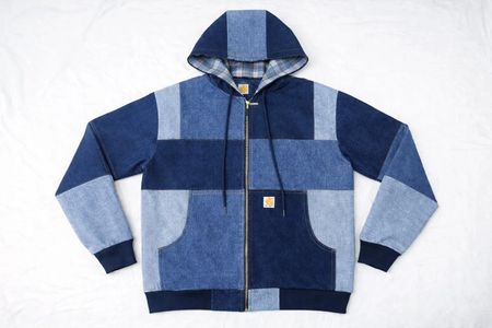 CR1152 Upcycled Patchwork Denim Hooded Zip Jacket